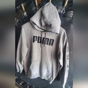 PUMA Gray Pullover Hoodie with Logo Taped Sleeves - Men's Size L